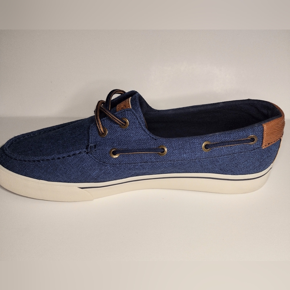 TOMMY HILFIGER Men's Dark Blue Texture Canvas Fabric Boat Deck Shoes - Picture 2 of 5